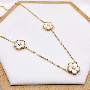 COLAR AÇO INOXIDÁVEL 45CM  TREVO PEROLADO - DOURADO