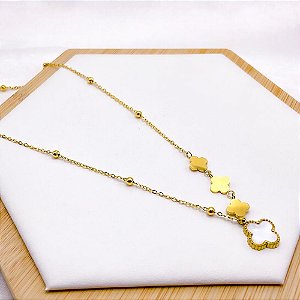 COLAR AÇO INOXIDÁVEL 45CM  BOLINHAS TREVO PEROLADO - DOURADO