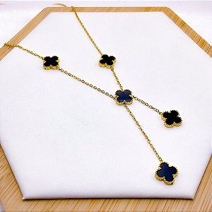 COLAR AÇO INOXIDÁVEL 45CM  ESTILO GRAVATINHA TREVO PRETO - DOURADO