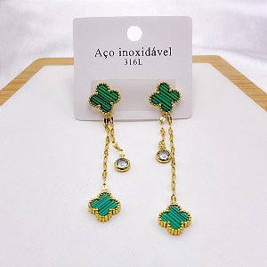 BRINCO ARGOLINHA CLICK AÇO INOXIDÁVEL PINGENTE CORRENTES E PONTO DE LUZ TREVO VERDE - DOURADO