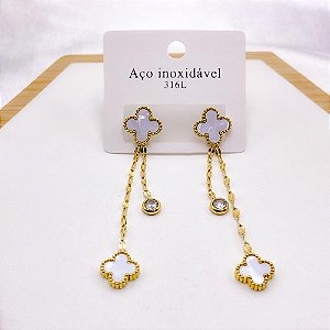BRINCO ARGOLINHA CLICK AÇO INOXIDÁVEL PINGENTE CORRENTES E PONTO DE LUZ TREVO MADREPÉROLA - DOURADO