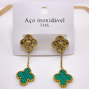 BRINCO AÇO INOXIDÁVEL PINGENTE CORRENTE E TREVO VERDE - DOURADO
