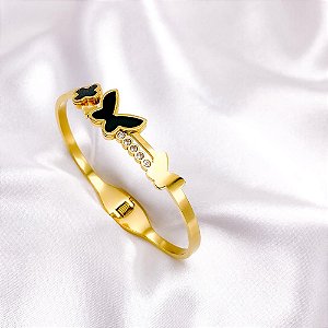 BRACELETE AÇO INOXIDÁVEL BORBOLETA E TREVO PRETO PEDRA CRISTAL- DOURADO