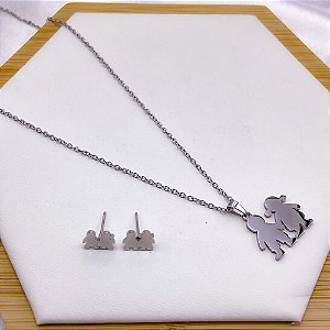 CONJUNTO COLAR 45CM  E BRINCO AÇO INOX  PINGENTE FILHOS - PRATEADO