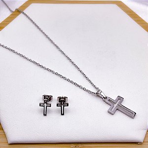 CONJUNTO COLAR  45CM E BRINCO AÇO INOX  PINGENTE CRUZ VAZADA - PRATEADO