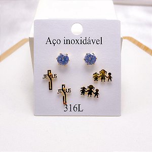 CARTELA TRIO DE BRINCOS AÇO INOXIDÁVEL TREVO JESUS -DOURADO