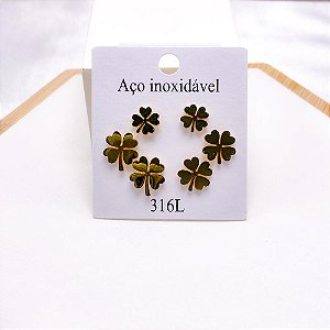 CARTELA TRIO DE BRINCOS AÇO INOXIDÁVEL TREVO -DOURADO