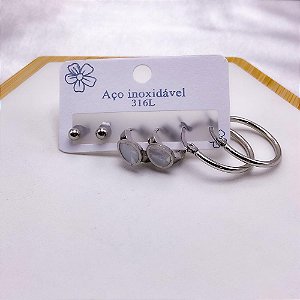 CARTELA TRIO DE BRINCOS ACO INOXIDÁVEL  ARGOLINHA CLICK GOTA PEROLADA - PRATEADO