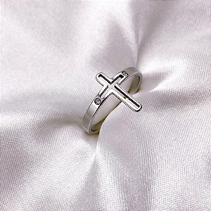 ANEL  AÇO INOXIDÁVEL CRUZ COM PEDRA CRISTAL - PRATEADO