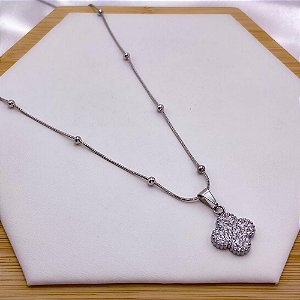 COLAR AÇO INOXIDÁVEL 45CM BOLINHAS PINGENTE TREVO STRASS - PRATEADO