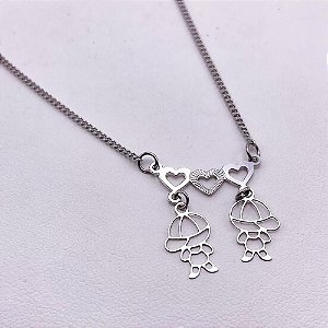 COLAR AÇO INOXIDÁVEL 45CM PINGENTE 2 MENINOS - PRATEADO