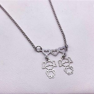 COLAR AÇO INOXIDÁVEL 45CM PINGENTE 2 MENINAS - PRATEADO