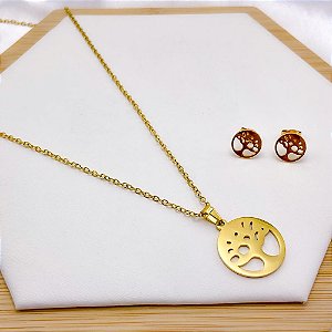 CONJUNTO COLAR  E BRINCO AÇO INOX  PINGENTE ÁRVORE DA VIDA - DOURADO