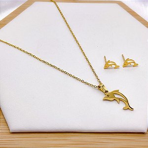 CONJUNTO COLAR  E BRINCO AÇO INOX  PINGENTE GOLFINHO - DOURADO