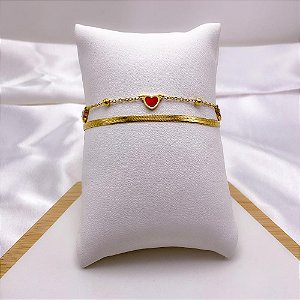 PULSEIRA AÇO INOXIDÁVEL DUPLA PINGENTE CORAÇÃO VERMELHO - DOURADA