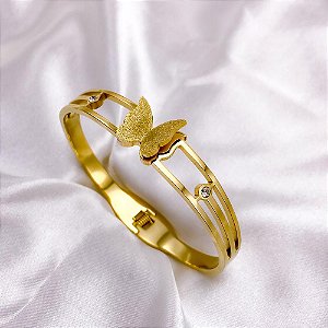 BRACELETE AÇO INOXIDÁVEL BORBOLETA DIAMANTADA - DOURADO