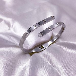 BRACELETE AÇO INOXIDÁVEL CRAVEJADO PEDRAS CRISTAL - PRATEADO