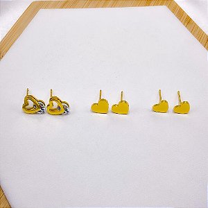 CARTELA BRINCO TRIO  AÇO INOXIDÁVEL CORAÇÃO COM PEDRA CRISTAL - DOURADA