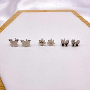 CARTELA BRINCO TRIO  AÇO INOXIDÁVEL BORBOLETA PEROLADA - PRATEADA