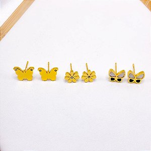 CARTELA BRINCO TRIO  AÇO INOXIDÁVEL BORBOLETA PEROLADA - DOURADA