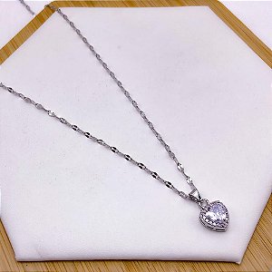 COLAR AÇO INOXIDÁVEL 45CM PINGENTE CORAÇÃO BANHADO PEDRA CRISTAL CRAVEJADO STRASS - PRATEADO