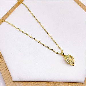 COLAR AÇO INOXIDÁVEL 45CM PINGENTE FOLHA CRAVEJADO STRASS - DOURADO