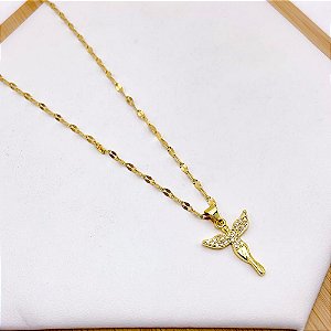 COLAR AÇO INOXIDÁVEL 45CM PINGENTE ANJINHO CRAVEJADO STRASS - DOURADO