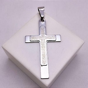 PINGENTE AÇO INOXIDÁVEL CRUCIFIXO ORAÇÃO PAI NOSSO - PRATEADO