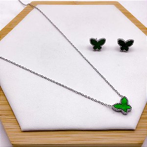 CONJUNTO COLAR  E BRINCO AÇO BORBOLETA VERDE - PRATEADO