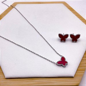 CONJUNTO COLAR  E BRINCO AÇO BORBOLETA VERMELHO - PRATEADO