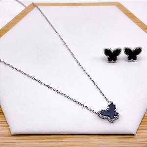 CONJUNTO COLAR  E BRINCO AÇO BORBOLETA PRETO - PRATEADO