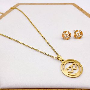 CONJUNTO COLAR  E BRINCO AÇO CORAÇÕES - DOURADO