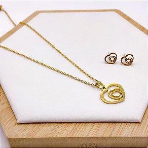 CONJUNTO COLAR  E BRINCO AÇO INOX  CORAÇÃO - DOURADO