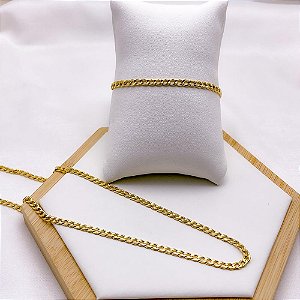 KIT CORRENTE E PULSEIRA GRUMET 1.0MM AÇO INOX - DOURADA