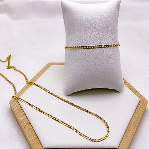 KIT CORRENTE E PULSEIRA GRUMET 0.8MM AÇO INOX - DOURADA