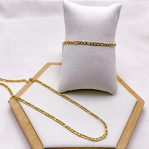 KIT CORRENTE E PULSEIRA FÍGARO 1.0MM AÇO INOX - DOURADA