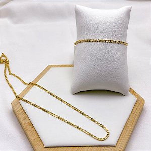 KIT CORRENTE E PULSEIRA FÍGARO 0.8MM AÇO INOX - DOURADA