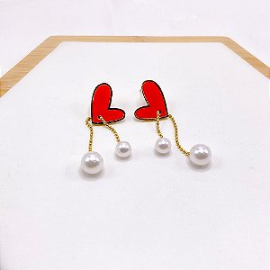 BRINCO AÇO INOXIDÁVEL CORAÇÃO VERMELHO PINGENTE CORRENTE COM PÉROLAS - DOURADO