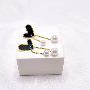 BRINCO AÇO INOXIDÁVEL CORAÇÃO PRETO PINGENTE CORRENTE COM PÉROLAS - DOURADO