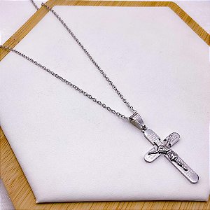 COLAR AÇO INOXIDÁVEL 45CM PINGENTE CRUCIFIXO JESUS - PRATEADO
