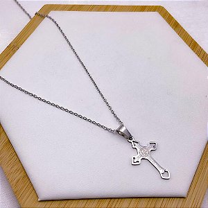 COLAR AÇO INOXIDÁVEL 45CM PINGENTE CRUCIFIXO SÃO BENTO - PRATEADO