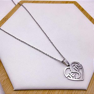 COLAR AÇO INOXIDÁVEL 45CM PINGENTE CORAÇÃO JESUS - PRATEADO