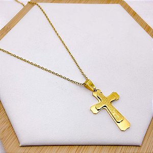COLAR AÇO INOXIDÁVEL 45CM PINGENTE CRUCIFIXO 3D ORAÇÃO PAI NOSSO - DOURADO