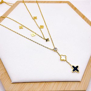COLAR DUPLO AÇO INOXIDÁVEL 45CM  TREVO PEROLADO E PRETO - DOURADO