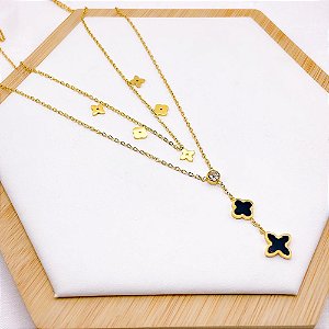 COLAR DUPLO AÇO INOXIDÁVEL 45CM  TREVO PRETO - DOURADO