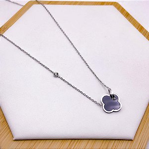 COLAR AÇO INOXIDÁVEL 45CM PINGENTE TREVO PRETO - PRATEADO