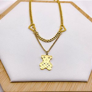 COLAR AÇO INOXIDÁVEL CORRENTE GRUMET DIAMANTADA 1.2MM 45CM PINGENTE URSINHO COM PEDRA CRISTAL - DOURADO