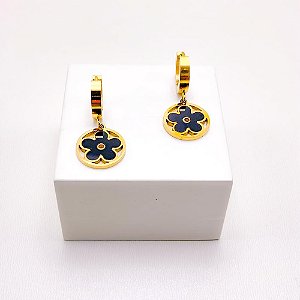 BRINCO AÇO INOXIDÁVEL  ARGOLINHA CLICK FLOR PRETO -DOURADO