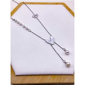 COLAR AÇO INOXIDÁVEL 45 CM COM PÉROLAS PINGENTE CORAÇÃO PEROLADO - PRATEADO