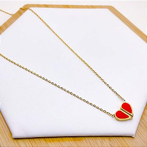 COLAR AÇO INOXIDÁVEL 45 CM PINGENTE CORAÇÃO VERMELHO - DOURADO